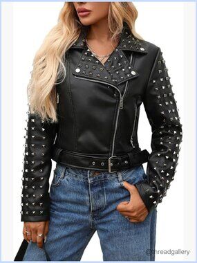 Punk Faux Leather Moto Jacket With Rivets Motorcycle Streetwear Coat